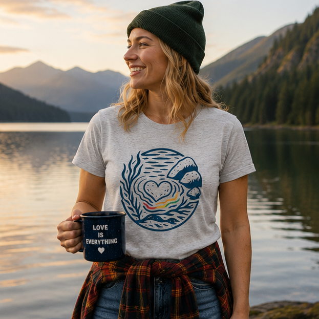 Heart of Pride T-Shirt at a misty Pacific Northwest mountain lake — queer-owned PNW Pride apparel, front view