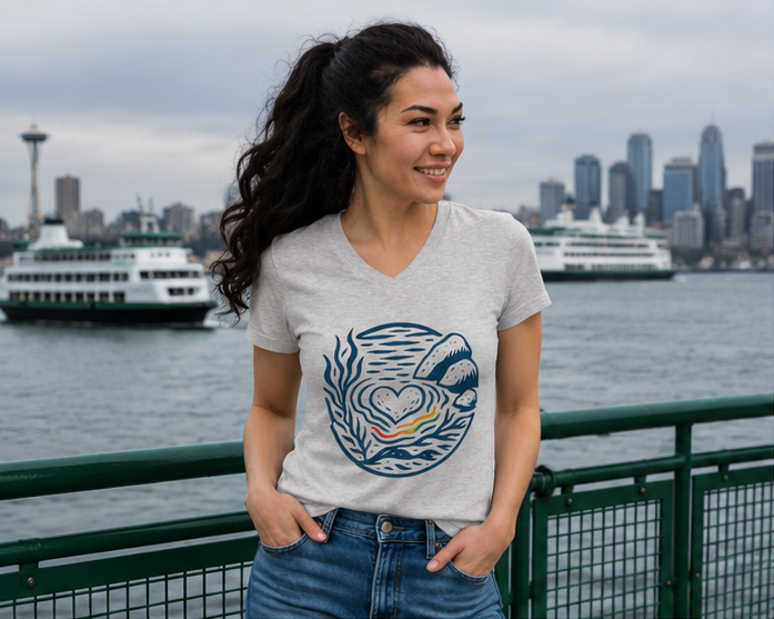 Heart of Pride Women's Relaxed V-Neck T-Shirt on the Seattle ferry waterfront — queer-owned PNW Pride apparel, front view