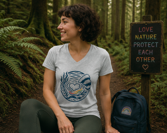 Heart of Pride Women's Relaxed V-Neck T-Shirt at a Pacific Northwest forest trail — queer-owned PNW Pride apparel, front view