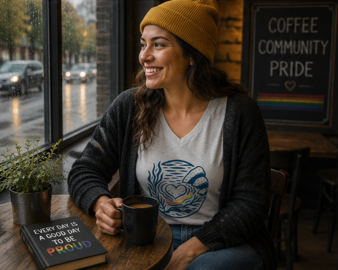 Heart of Pride Women's Relaxed V-Neck T-Shirt at a cozy Pacific Northwest café — queer-owned PNW Pride apparel, front view