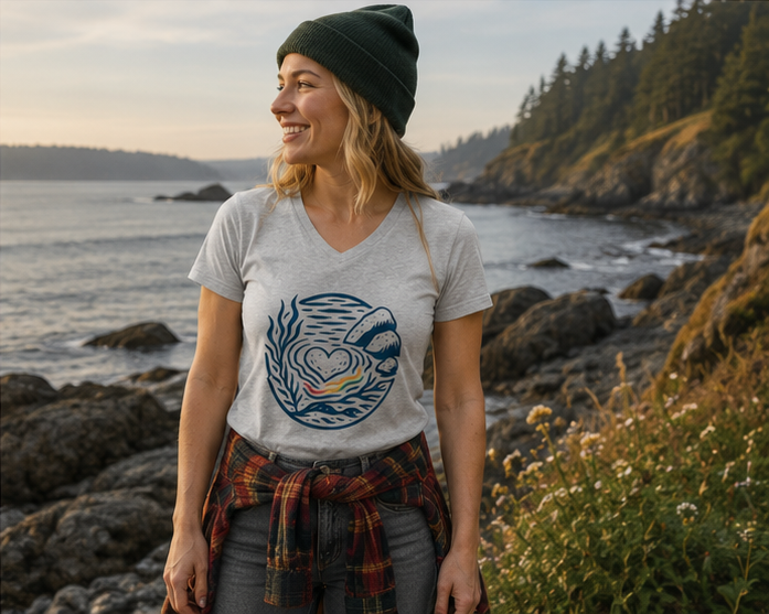 Heart of Pride Women's Relaxed V-Neck T-Shirt on a rocky coastal cove in the Pacific Northwest — PNW Pride apparel, front view