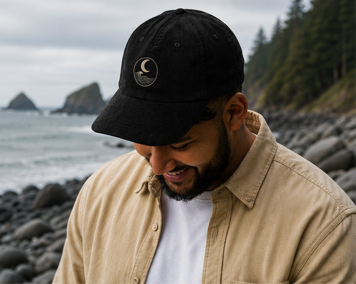 MoonWrought Corduroy Cap on the rocky Pacific Northwest coast — queer-owned PNW Pride apparel, front view