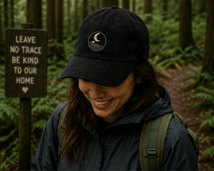 MoonWrought Corduroy Cap at a Pacific Northwest forest trail — queer-owned PNW Pride apparel, front view