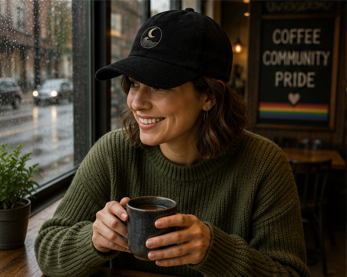 MoonWrought Corduroy Cap at a cozy Pacific Northwest rainy café — queer-owned PNW Pride apparel, front view