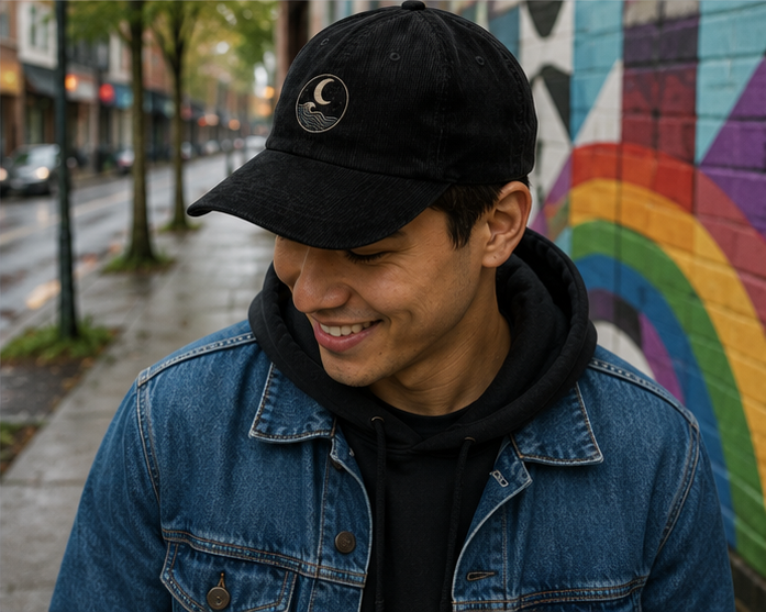 MoonWrought Corduroy Cap in a Pacific Northwest Pride mural street — queer-owned PNW Pride apparel, front view