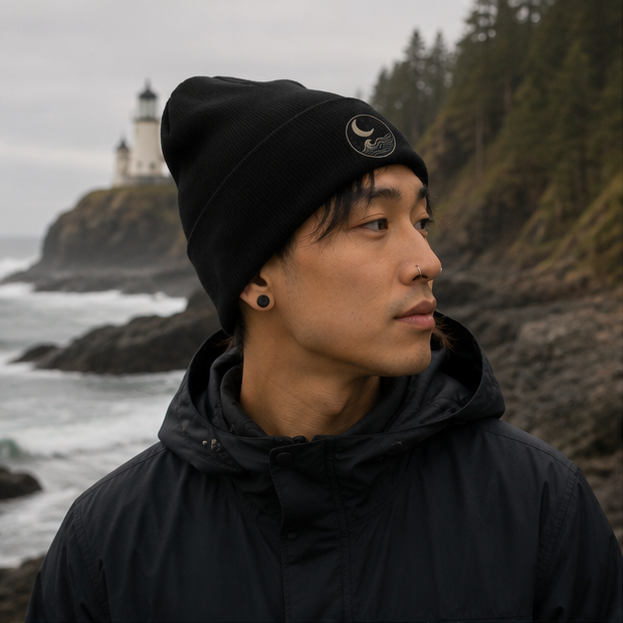 MoonWrought Embroidered Beanie on a Pacific Northwest lighthouse coast — queer-owned PNW Pride apparel, front view