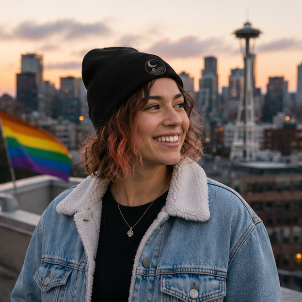 MoonWrought Embroidered Beanie at a Seattle Pride rooftop gathering — queer-owned PNW Pride apparel, front view