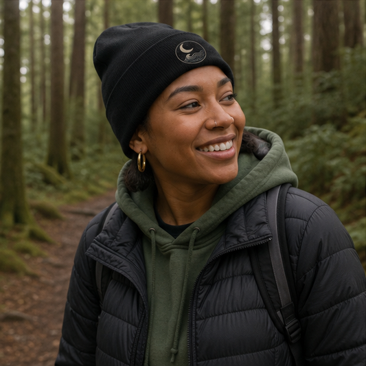 MoonWrought Embroidered Beanie at a Pacific Northwest forest trail — queer-owned PNW Pride apparel, front view
