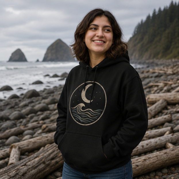 MoonWrought Hoodie on the rocky Pacific Northwest coast — queer-owned PNW Pride apparel, front view