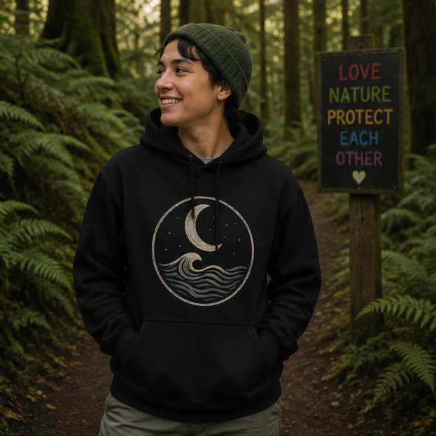 MoonWrought Hoodie at a Pacific Northwest forest trail — queer-owned PNW Pride apparel, front view