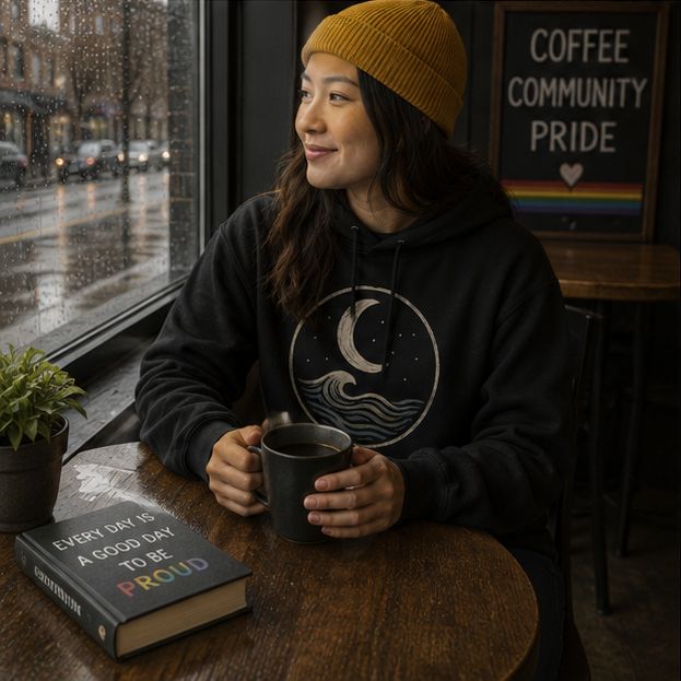 MoonWrought Hoodie at a cozy Pacific Northwest rainy café — queer-owned PNW Pride apparel, front view