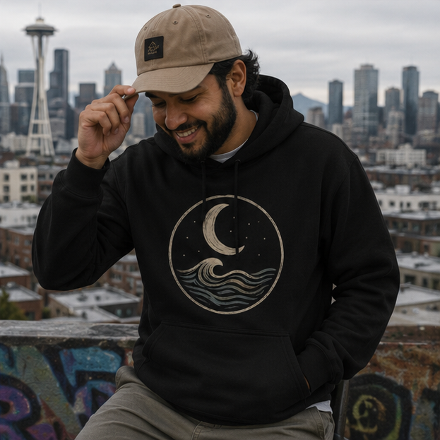 MoonWrought Hoodie at a Seattle rooftop view — queer-owned PNW Pride apparel, front view