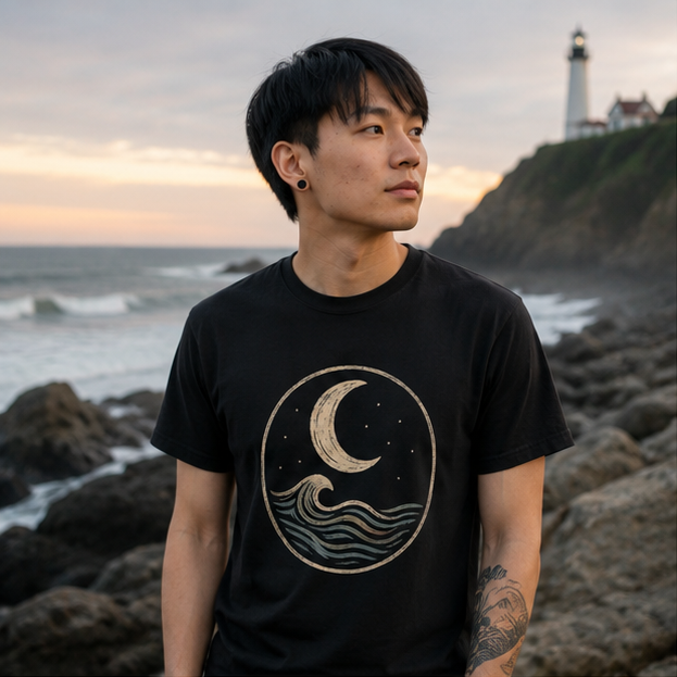 MoonWrought T-Shirt on a Pacific Northwest lighthouse coast — queer-owned PNW Pride apparel, front view
