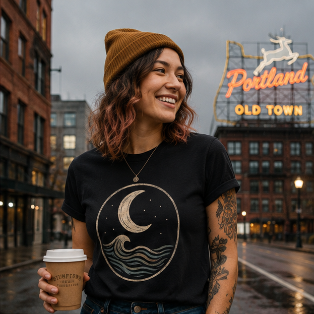 MoonWrought T-Shirt at Portland Old Town — queer-owned PNW Pride apparel, front view