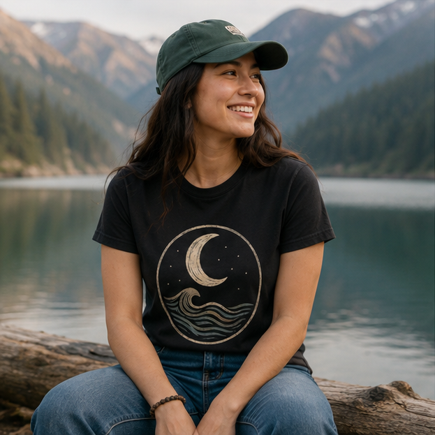 MoonWrought T-Shirt at a misty Pacific Northwest mountain lake — queer-owned PNW Pride apparel, front view