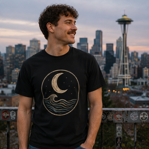 MoonWrought T-Shirt at a Seattle rooftop — queer-owned PNW Pride apparel, front view