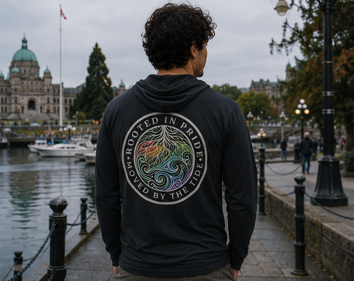 Moved by the Tide Hooded Long Sleeve Tee at Victoria Inner Harbour — queer-owned PNW Pride apparel, back view
