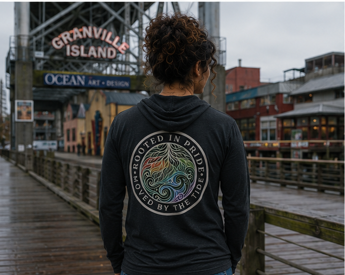 Moved by the Tide Hooded Long Sleeve Tee at Granville Island — queer-owned PNW Pride apparel, back view