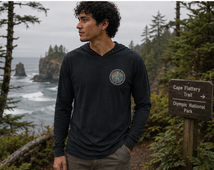 Moved by the Tide Hooded Long Sleeve Tee in Cape Flattery on the Olympic Peninsula — queer-owned PNW Pride apparel, front view