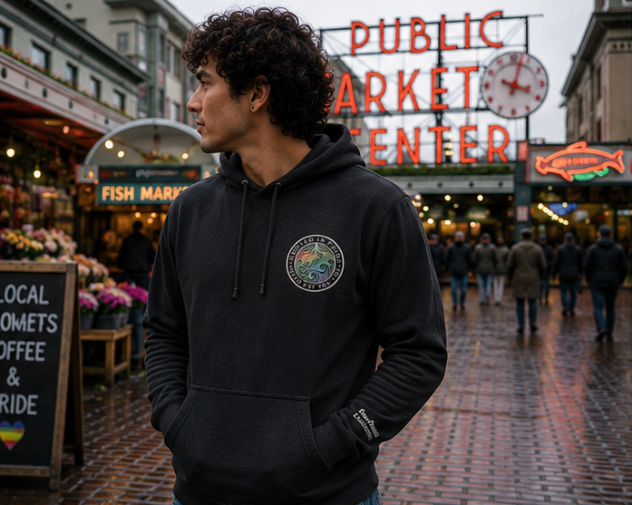 Moved by the Tide Hoodie at Pike Place Market — queer-owned PNW Pride apparel, front view