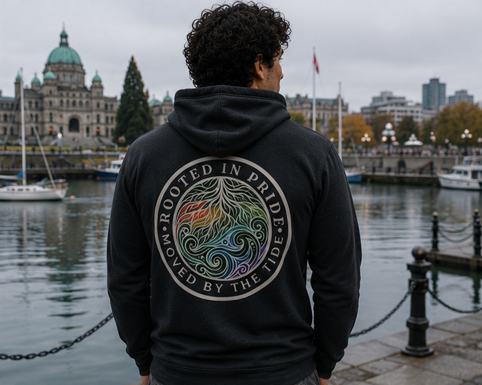 Moved by the Tide Hoodie at Victoria Inner Harbour — queer-owned PNW Pride apparel, back view