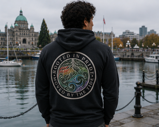 Moved by the Tide Hoodie at Victoria Inner Harbour — queer-owned PNW Pride apparel, back view
