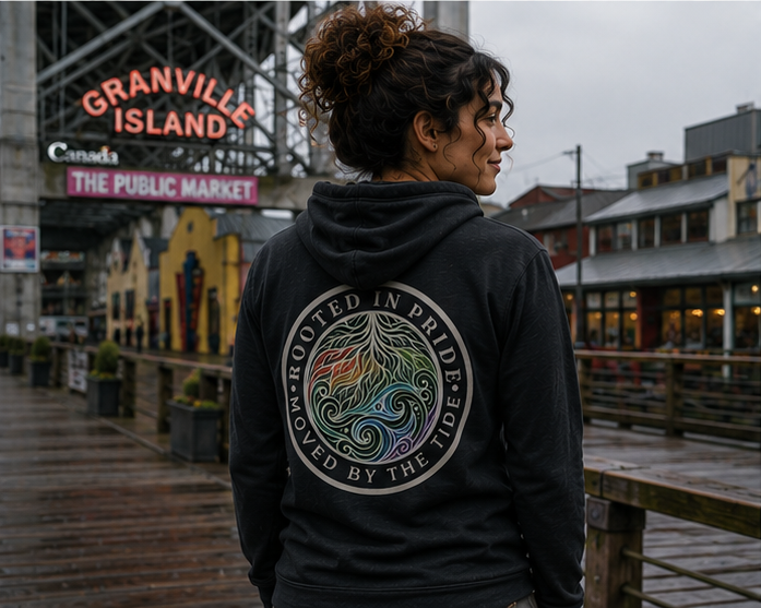 Moved by the Tide Hoodie at Granville Island — queer-owned PNW Pride apparel, back view