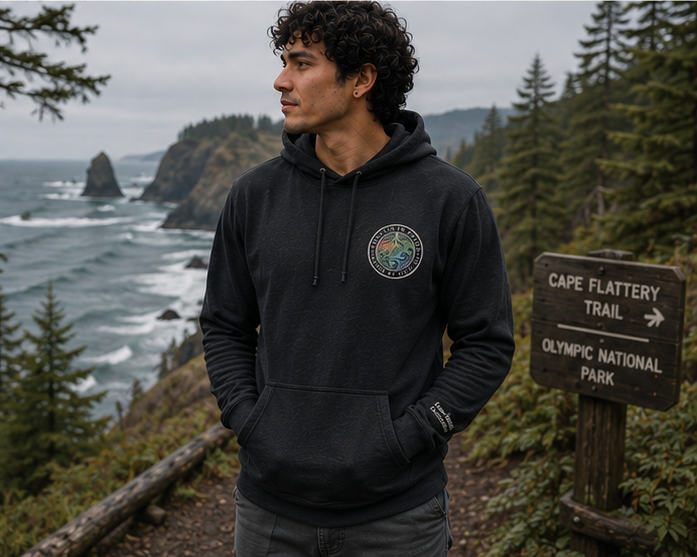 Moved by the Tide Hoodie in Cape Flattery on the Olympic Peninsula — queer-owned PNW Pride apparel, front view