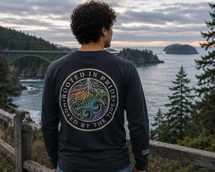 Moved by the Tide Long Sleeve Tee in Deception Pass — queer-owned PNW Pride apparel, back view