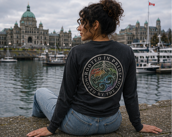 Moved by the Tide Long Sleeve Tee at Victoria Inner Harbour — queer-owned PNW Pride apparel, back view