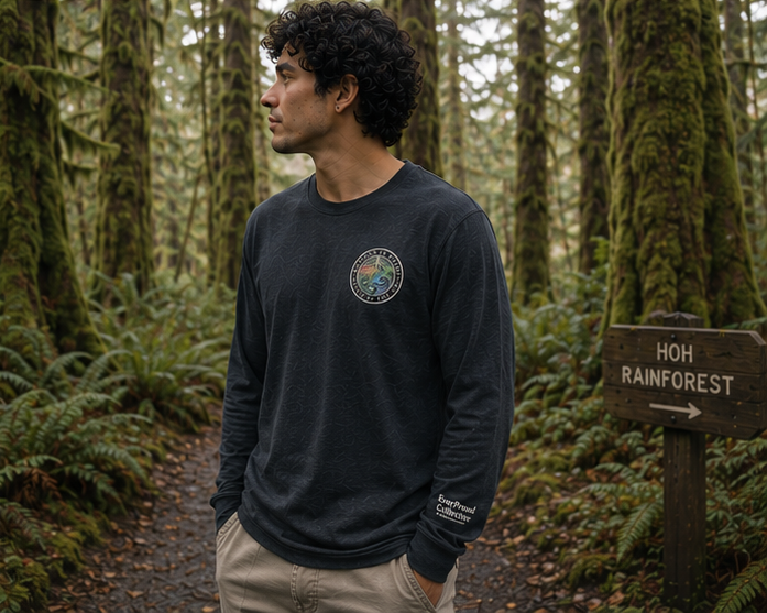 Moved by the Tide Long Sleeve Tee at the Hoh Rainforest — queer-owned PNW Pride apparel, front view