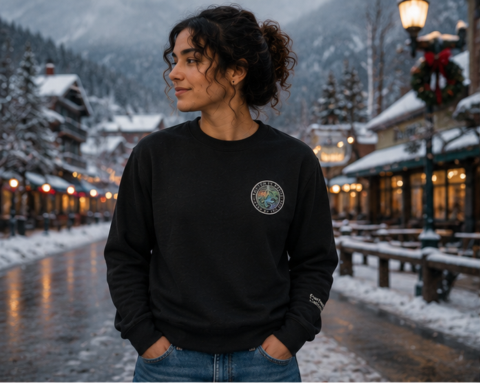 Moved by the Tide Sweatshirt in a snowy Pacific Northwest mountain in winter — queer-owned PNW Pride apparel, front view