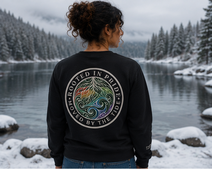 Moved by the Tide Sweatshirt in a winter Pacific Northwest forest — queer-owned PNW Pride apparel, back view