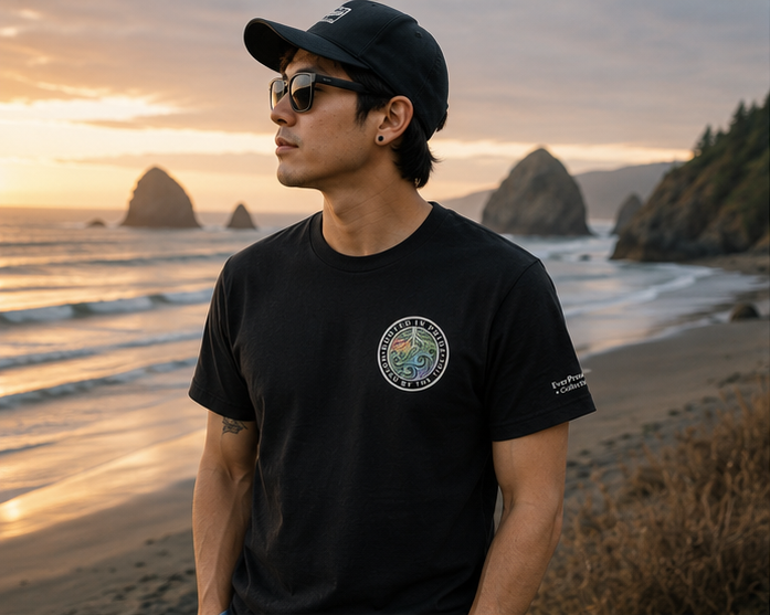 Moved by the Tide T-Shirt on a Pacific Northwest coastal sunset — queer-owned PNW Pride apparel, front view