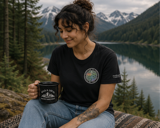 Moved by the Tide T-Shirt at a misty Pacific Northwest mountain lake — queer-owned PNW Pride apparel, front view