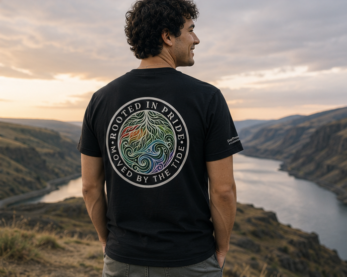 Moved by the Tide T-Shirt at the Columbia River Gorge — queer-owned PNW Pride apparel, back view