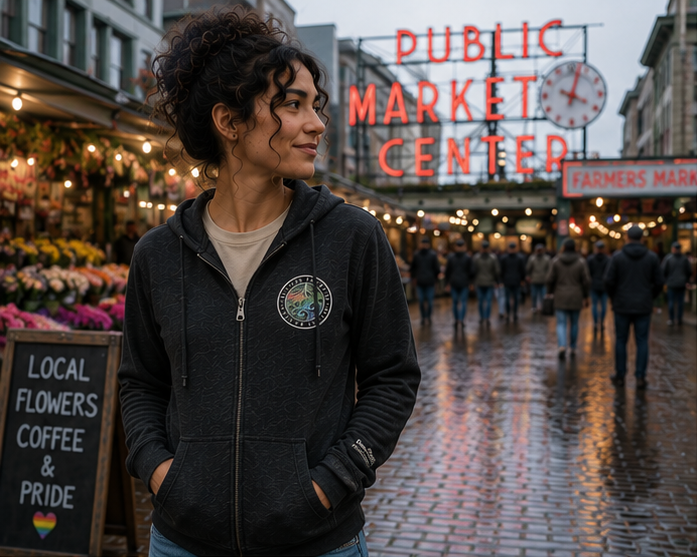 Moved by the Tide Zip Hoodie at Pike Place Market — queer-owned PNW Pride apparel, front view