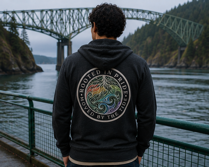 Moved by the Tide Zip Hoodie in Deception Pass — queer-owned PNW Pride apparel, back view