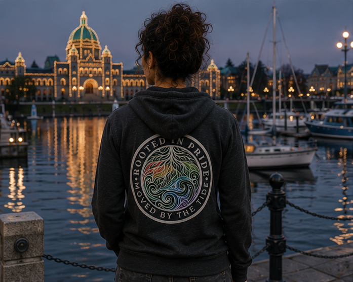 Moved by the Tide Zip Hoodie at Victoria Inner Harbour — queer-owned PNW Pride apparel, back view