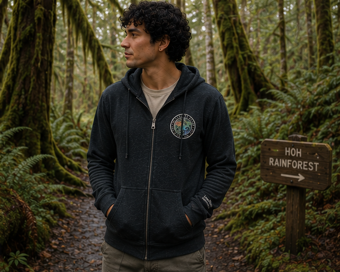 Moved by the Tide Zip Hoodie at the Hoh Rainforest — queer-owned PNW Pride apparel, front view