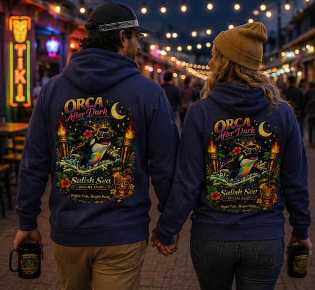 Orca After Dark Hoodie in a Pacific Northwest neon tiki walk — queer-owned PNW Pride apparel, back view