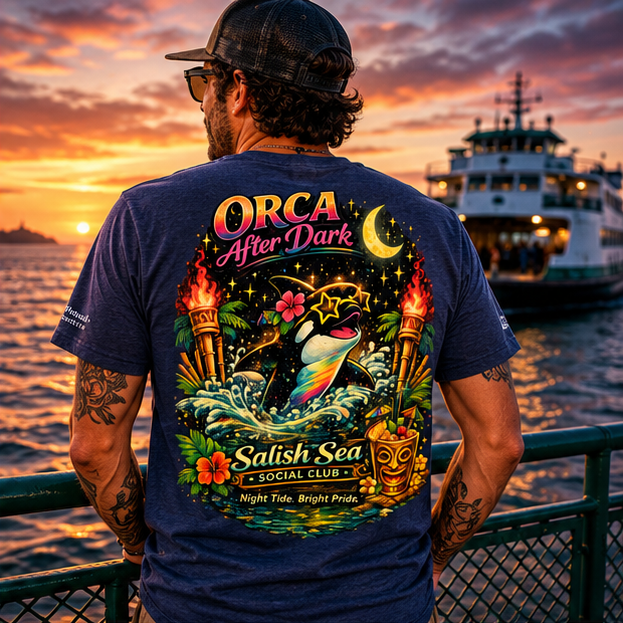 Orca After Dark T-Shirt in a Pacific Northwest ferry at sunset — queer-owned PNW Pride apparel, back view