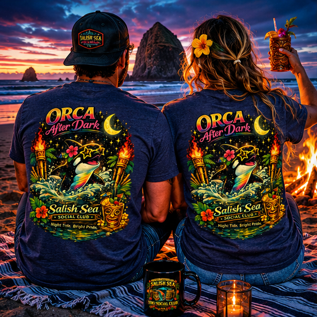 Orca After Dark T-Shirt on a Cannon Beach bonfire — queer-owned PNW Pride apparel, back view