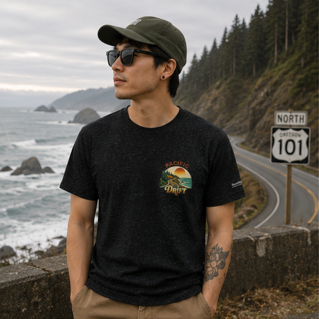 Pacific Drift T-Shirt on Oregon Coast Highway 101 — queer-owned PNW Pride apparel, front view