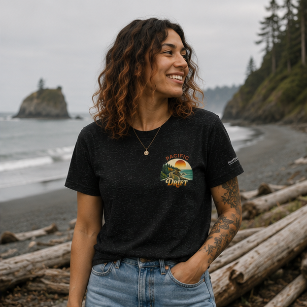 Pacific Drift T-Shirt on Oregon Coast Highway 101 — queer-owned PNW Pride apparel, front view