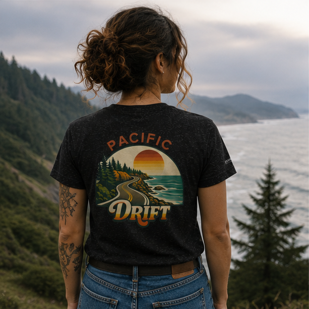 Pacific Drift T-Shirt on Oregon Coast Highway 101 — queer-owned PNW Pride apparel, back view
