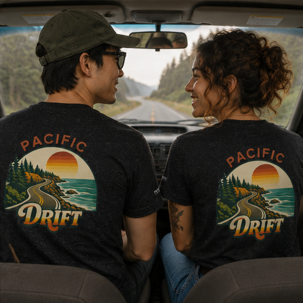 Pacific Drift T-Shirt on Oregon Coast Highway 101 — queer-owned PNW Pride apparel, back view