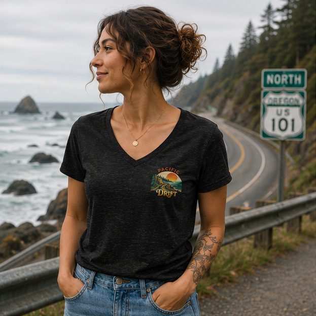 Pacific Drift Women's Relaxed V-Neck T-Shirt on Oregon Coast Highway 101 — queer-owned PNW Pride apparel, front view