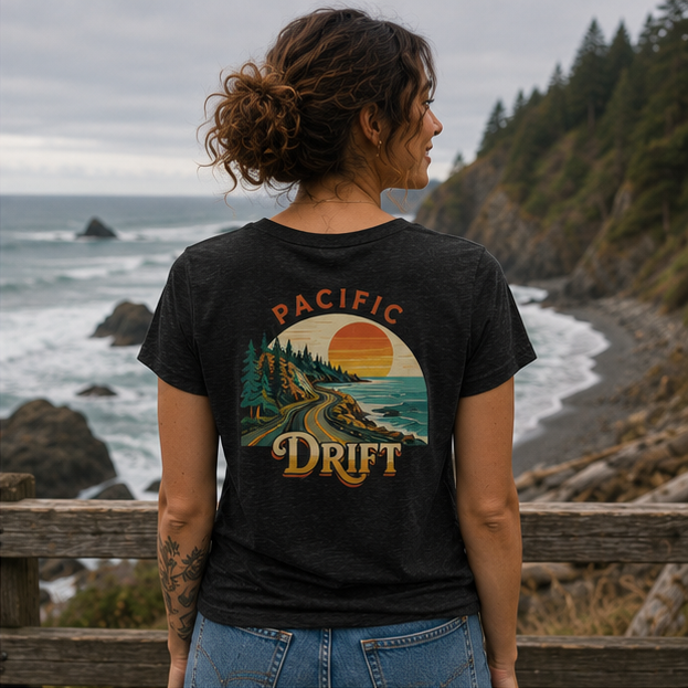 Pacific Drift Women's Relaxed V-Neck T-Shirt on a Pacific Northwest coastal overlook — queer-owned PNW Pride apparel, back view