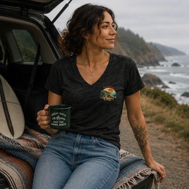 Pacific Drift Women's Relaxed V-Neck T-Shirt on a Pacific Northwest coastal road trip — queer-owned PNW Pride apparel, front view